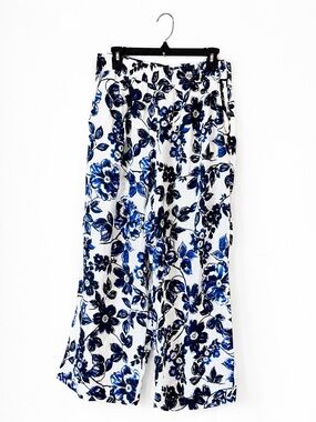 Rachel Roy 100% Linen Floral Wide Leg Pants Medium Blue White Coastal Vacation